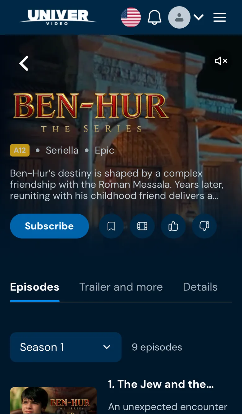 Ben-Hur: The Series page on a phone, with episodes and running times
