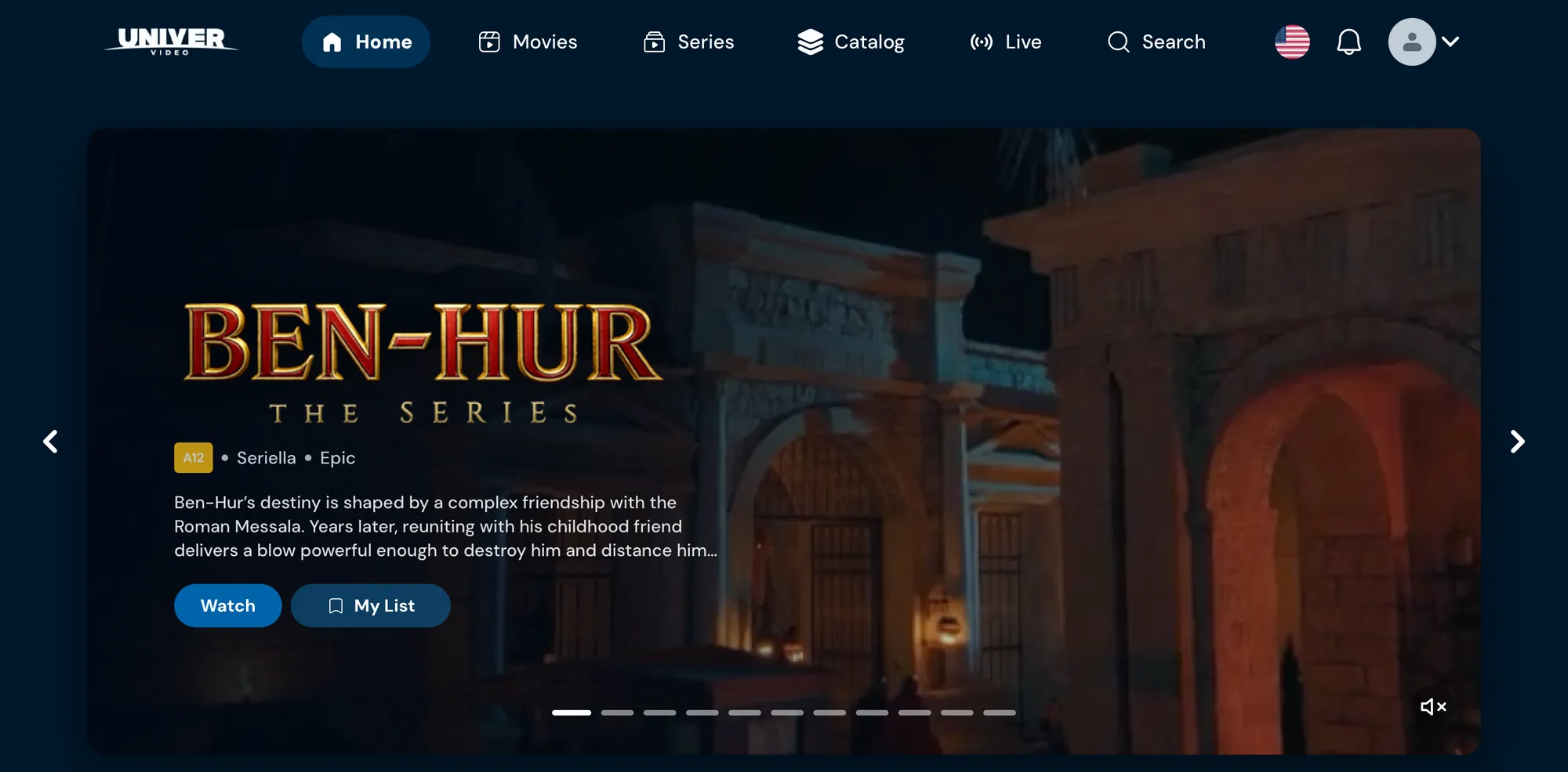 Home page of the new Univer Vídeo, featuring Ben-Hur: The Series