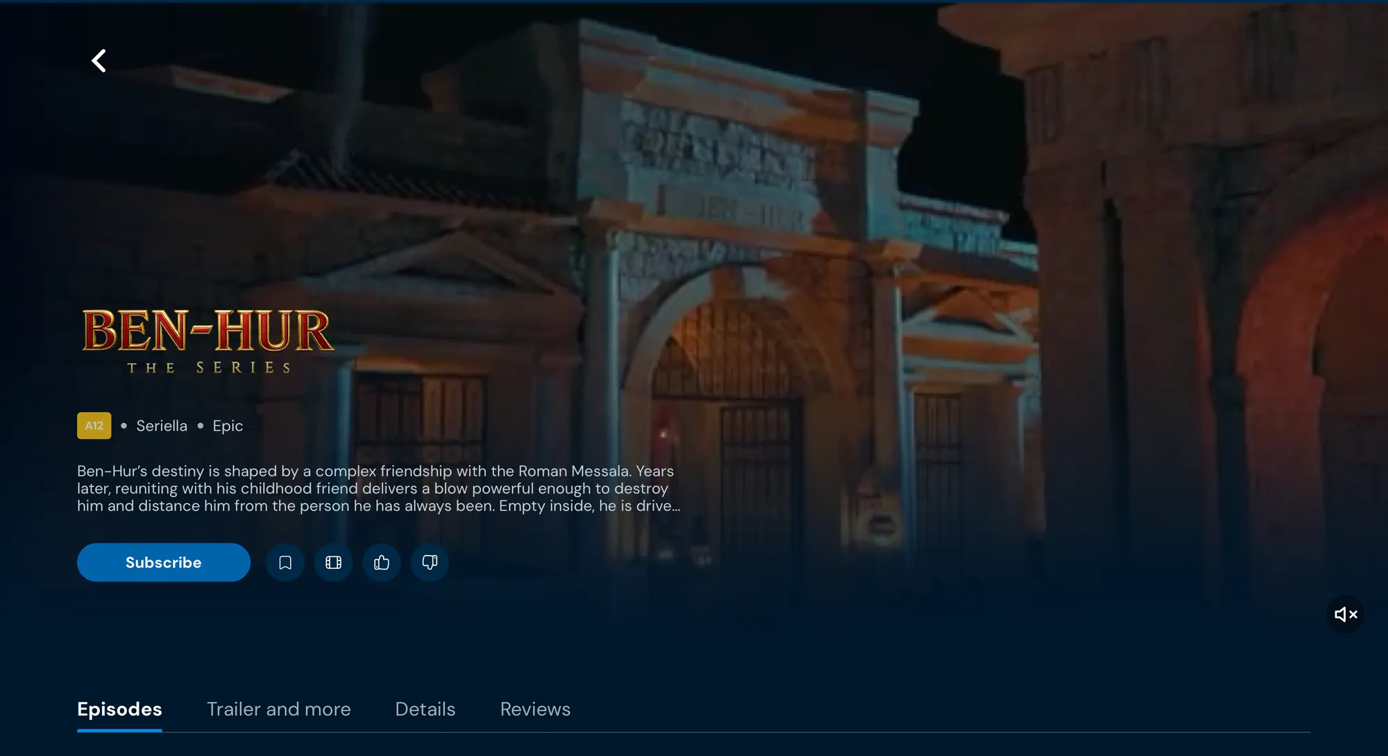 Ben-Hur: The Series page with trailer, like and dislike buttons and tabs for episodes, trailer, details and reviews