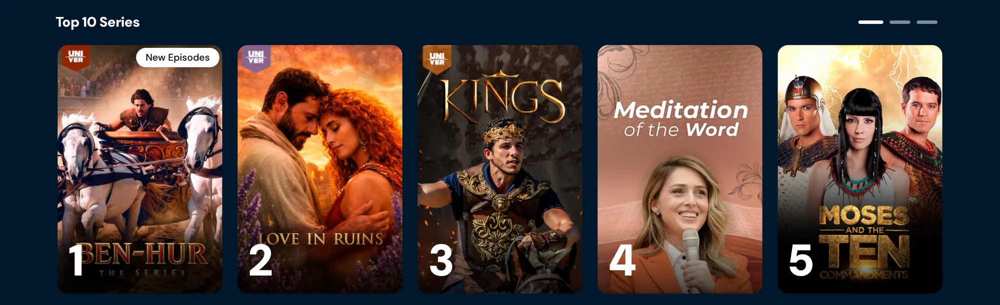 Top 10 Series row with Ben-Hur, Love in Ruins, Kings, Meditation of the Word and Moses and the Ten Commandments