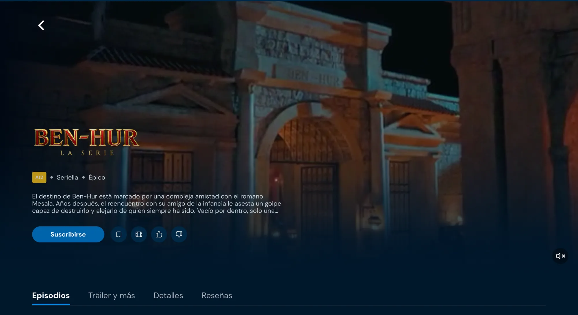 Página de Ben-Hur, La Serie con botones de tráiler, me gusta y no me gusta, y pestañas de episodios, tráiler, detalles y calificaciones