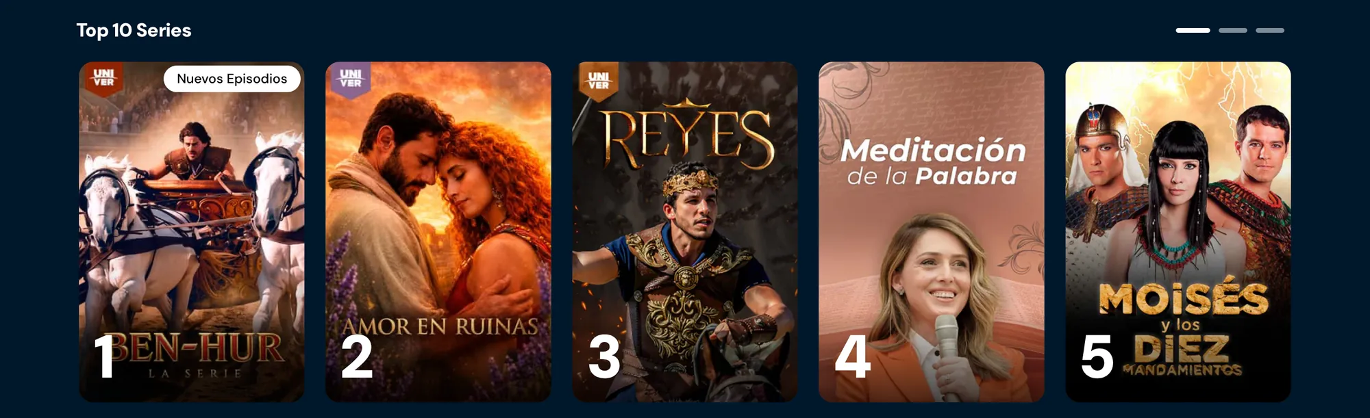 Fila Top 10 Series con Ben-Hur, Amor en Ruinas, Reyes, Meditación de la Palabra y Moisés y los Diez Mandamientos