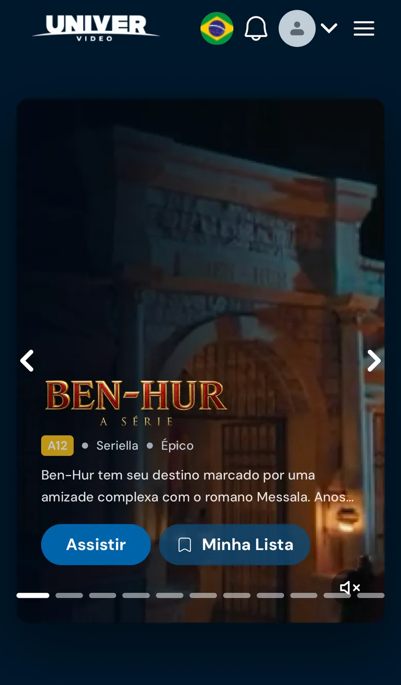 Página inicial do Univer Vídeo no celular