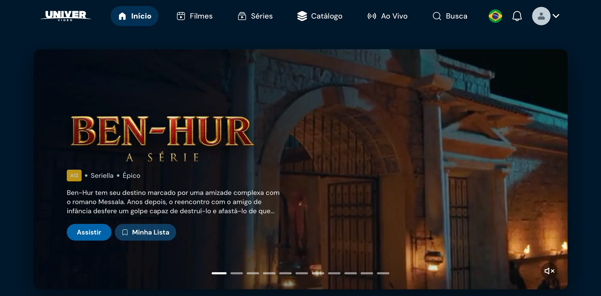 Página inicial do novo Univer Vídeo, com Ben-Hur, A Série em destaque