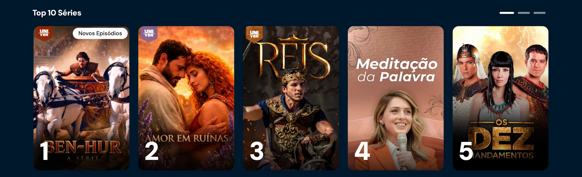 Fileira Top 10 Séries com Ben-Hur, Amor em Ruínas, Reis, Meditação da Palavra e Os Dez Mandamentos
