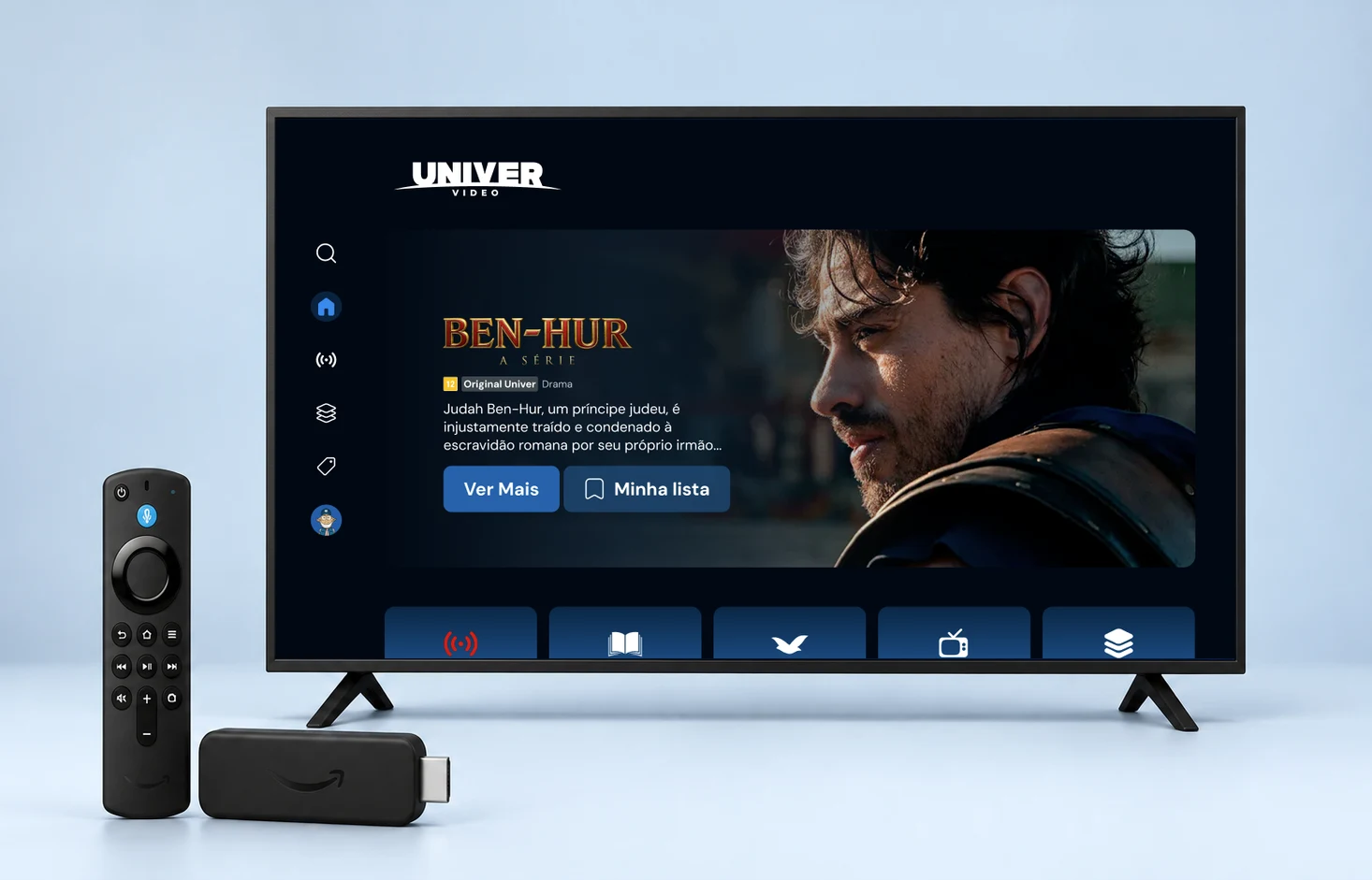 TV com a captura original do aplicativo Univer Vídeo, ao lado de um Fire TV Stick e controle.